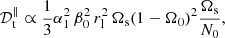 $$ \begin{aligned} \mathcal{D} _\mathrm{ t}^\parallel&\propto \frac{1}{3} \alpha _1^2 \, \beta _0^2 \, r_\mathrm{ l}^2 \, \Omega _\mathrm{ s} (1 - \Omega _0)^2 \frac{\Omega _\mathrm{ s}}{N_0}, \end{aligned} $$
