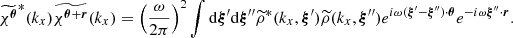 $$ \begin{aligned} \widetilde{\chi ^{\boldsymbol{\theta }}}^{*}(k_x) \widetilde{\chi ^{\boldsymbol{\theta }+ \boldsymbol{r}}}(k_x) = \left(\frac{\omega }{2\pi }\right)^2 \int \mathrm{d} \boldsymbol{\xi }^{\prime } \mathrm{d} \boldsymbol{\xi }^{\prime \prime } \widetilde{\rho }^*(k_x, \boldsymbol{\xi }^{\prime }) \widetilde{\rho }(k_x, \boldsymbol{\xi }^{\prime \prime }) e^{i\omega (\boldsymbol{\xi }^{\prime } - \boldsymbol{\xi }^{\prime \prime })\cdot \boldsymbol{\theta }} e^{-i \omega \boldsymbol{\xi }^{\prime \prime } \cdot \boldsymbol{r}}. \end{aligned} $$