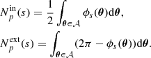$$ \begin{aligned}&N_p^\mathrm{in}(s) = \frac{1}{2} \int _{\boldsymbol{\theta } \in \mathcal{A} } \phi _{s}(\boldsymbol{\theta }) \mathrm{d} \boldsymbol{\theta },\\&N_p^\mathrm{ext}(s) = \int _{\boldsymbol{\theta } \in \mathcal{A} } (2 \pi - \phi _{s}(\boldsymbol{\theta })) \mathrm{d} \boldsymbol{\theta }. \end{aligned} $$