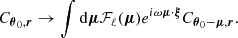 $$ \begin{aligned} C_{\boldsymbol{\theta }_0, \boldsymbol{r}} \rightarrow \int \mathrm{d} \boldsymbol{\mu } \mathcal{F} _{\ell }(\boldsymbol{\mu }) e^{i \omega \boldsymbol{\mu } \cdot \boldsymbol{\xi }} C_{\boldsymbol{\theta }_0 - \boldsymbol{\mu }, \boldsymbol{r}}. \end{aligned} $$