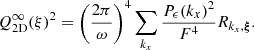 $$ \begin{aligned} Q^{\infty }_{\rm 2D}(\xi )^2 = \left(\frac{2\pi }{\omega } \right)^4 \sum _{k_x} \frac{P_{\epsilon }(k_x)^2}{F^4} R_{k_x,\boldsymbol{\xi }}. \end{aligned} $$