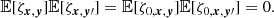 $$ \begin{aligned} \mathbb{E} [\zeta _{{{\boldsymbol{x}}}, {\boldsymbol{y}}}]\mathbb{E} [\zeta _{{\boldsymbol{x}}, {\boldsymbol{y}}\prime }]&= \mathbb{E} [\zeta _{0, {{\boldsymbol{x}}}, {\boldsymbol{y}}}] \mathbb{E} [\zeta _{0, {\boldsymbol{x}}, {\boldsymbol{y}}\prime }] = 0. \end{aligned} $$
