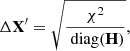 $$ \begin{aligned} \Delta \mathbf X ^{\prime }=\sqrt{\frac{\chi ^2}{\text{ diag}(\mathbf H )}}, \end{aligned} $$