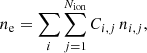 $$ \begin{aligned} n_{\rm e}=\sum _{i}\sum _{j=1}^{N_{\rm ion}}C_{i,j}\,n_{i,j}, \end{aligned} $$