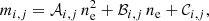 $$ \begin{aligned} m_{i,j}=\mathcal{A} _{i,j}\,n_{\rm e}^2+\mathcal{B} _{i,j}\,n_{\rm e}+\mathcal{C} _{i,j}, \end{aligned} $$