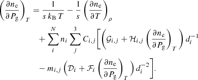 $$ \begin{aligned} \left(\frac{\partial n_{\rm e}}{\partial P_{\rm g}}\right)_{T}&= \frac{1}{s\,k_{\rm B}\,T}-\frac{1}{s} \left(\frac{\partial n_{\rm e}}{\partial T}\right)_{\rho }\nonumber \\&\quad +\sum _{i}^{N}n_{i}\sum _{j}^{3}C_{i,j}\Bigg [ \Bigg (\mathcal{G} _{i,j}+\mathcal{H} _{i,j} \left(\frac{\partial n_{\rm e}}{\partial P_{\rm g}}\right)_{T}\Bigg )\,d_{i}^{-1}\nonumber \\&\quad -m_{i,j}\,\Big (\mathcal{D} _{i}+ \mathcal{F} _{i}\left(\frac{\partial n_{\rm e}}{\partial P_{\rm g}}\right)_{T}\Big ) \,d_{i}^{-2}\Bigg ]. \end{aligned} $$