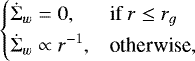 \begin{equation*} \hspace*{-2pt}\begin{cases} \displaystyle\dot\Sigma_w =0, &\text{if } r\leq r_g\\[2pt] \displaystyle\dot\Sigma_w \propto r^{-1}, & \text{otherwise}, \end{cases} \end{equation*}