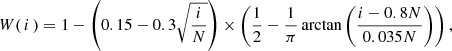 $$ \begin{aligned} W(\,i\,) = 1 - \left(0.15 - 0.3\sqrt{\frac{i}{N}} \right)\times \left(\frac{1}{2} - \frac{1}{\pi }\arctan \left(\dfrac{i - 0.8N}{0.035N}\right)\right), \end{aligned} $$