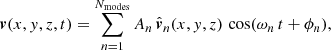 $$ \begin{aligned} {\boldsymbol{v}}(x,y,z,t) = \sum _{n=1}^{N_\mathrm{modes} } A_{n} \, \hat{{\boldsymbol{v}}}_{n}(x,y,z) \, \cos (\omega _{n} \, t +\phi _{n} ), \end{aligned} $$