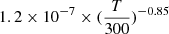 $ 1.2 \times 10^{-7} \times (\frac{T}{300})^{-0.85} $