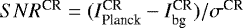 $SNR^{\textrm{CR}}=(I_{\textrm{Planck}}^{\textrm{CR}}-I_{\textrm{bg}}^{\textrm{CR}})/\sigma^{\textrm{CR}}$