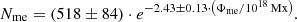 $$ \begin{aligned} N_\mathrm{me} = (518 \pm 84) \cdot e^{{-2.43 \pm 0.13} \cdot \left(\Phi _\mathrm{me} / 10^{18}\,\mathrm{Mx}\right)}. \end{aligned} $$