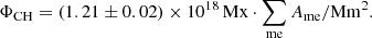$$ \begin{aligned} \Phi _{\mathrm{CH}} = (1.21 \pm 0.02)\times 10^{18}\,\mathrm{Mx} \cdot \sum _{\mathrm{me}} A_{\mathrm{me}} /\mathrm{Mm}^{2}. \end{aligned} $$