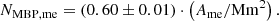 $$ \begin{aligned} N_\mathrm{MBP,me} = (0.60 \pm 0.01) \cdot \left(A_\mathrm{me} /\mathrm{Mm}^{2} \right). \end{aligned} $$