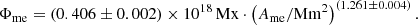 $$ \begin{aligned} \Phi _{\mathrm{me}} = (0.406 \pm 0.002)\times 10^{18}\,\mathrm{Mx} \cdot \left( A_{\mathrm{me}} / \mathrm{Mm}^{2} \right)^{(1.261 \pm 0.004)}. \end{aligned} $$