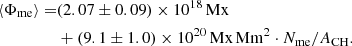 $$ \begin{aligned} \langle \Phi _\mathrm{me} \rangle =&(2.07 \pm 0.09) \times 10^{18}\,\mathrm{Mx}\nonumber \\&+ (9.1 \pm 1.0)\times 10^{20}\,\mathrm{Mx\,Mm}^{2} \cdot N_{\mathrm{me}} / A_{\mathrm{CH}}. \end{aligned} $$