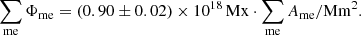 $$ \begin{aligned} \sum _{\mathrm{me}} \Phi _{\mathrm{me}} = (0.90 \pm 0.02)\times 10^{18}\,\mathrm{Mx} \cdot \sum _{\mathrm{me}} A_{\mathrm{me}} /\mathrm{Mm}^{2}. \end{aligned} $$