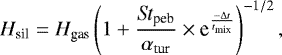 \begin{equation*}H_{\textrm{sil}}=H_{\textrm{gas}} \left( 1&#x002B; \frac{ \textit{St}_{\textrm{peb}} }{\alpha_{\textrm{tur}}} \times {\textrm{e}}^{ \frac{-\Delta t}{t_{\textrm{mix}}}} \right)^{-1/2}, \end{equation*}