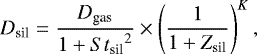 \begin{equation*}D_{\textrm{sil}} = \frac{D_{\textrm{gas}}}{1&#x002B;{St_{\textrm{sil}}}^2} \times \left( \frac{1}{1&#x002B;Z_{\textrm{sil}}} \right)^{K}, \end{equation*}