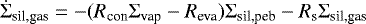 \begin{equation*} \dot{\Sigma}_{\textrm{sil,gas}} = -(R_{\textrm{con}} \Sigma_{\textrm{vap}} - R_{\textrm{eva}}) \Sigma_{\textrm{sil,peb}} - R_{\textrm{s}}\Sigma_{\textrm{sil,gas}} \end{equation*}