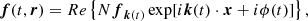 $$ \begin{aligned} \boldsymbol{f}(t,\boldsymbol{r}) = {Re}\left\{ N\boldsymbol{f}_{\boldsymbol{k}(t)}\exp [i\boldsymbol{k}(t)\cdot \boldsymbol{x} + i\phi (t)] \right\} , \end{aligned} $$