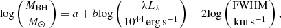 $$ \begin{aligned} \mathrm{log}\left(\frac{M_{\rm BH}}{M_{\odot }}\right) = a + b\mathrm{log}\left(\frac{\lambda {L}_{\lambda }}{10^{44}\,\mathrm{erg\,s^{-1}}}\right) + 2\mathrm{log}\left(\frac{\mathrm{FWHM}}{\mathrm{km\,s^{-1}}}\right), \end{aligned} $$