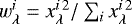 \( w_{\lambda}^{i}= x_{\lambda}^{i\,2}/\sum_{i} x_{\lambda}^{i\,2} \)