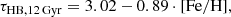 $$ \begin{aligned} \tau _{\rm HB, 12\,Gyr}=3.02-0.89\cdot \mathrm{[Fe/H]}, \end{aligned} $$