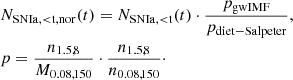 $$ \begin{aligned}&N_{\mathrm{SNIa},<\mathrm{t,nor}}(t) = N_{\mathrm{SNIa},<\mathrm{t}}(t)\cdot \frac{p_{\mathrm{gwIMF}}}{p_{\rm diet-Salpeter}}, \nonumber \\&p = \frac{n_{1.5,8}}{M_{0.08,150}} \cdot \frac{n_{1.5,8}}{n_{0.08,150}}\cdot \end{aligned} $$