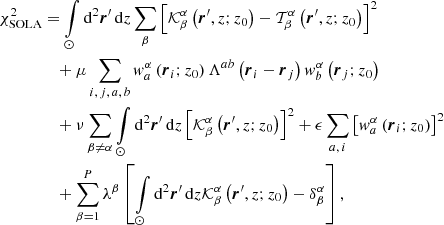 $$ \begin{aligned} \chi _{\rm SOLA}^2&= \int \limits _{\odot } \mathrm{d} ^2 \boldsymbol{r}^{\prime }\, \mathrm{d} z \sum \limits _\beta \left[\mathcal{K} ^{\alpha }_{\beta } \left(\boldsymbol{r}^{\prime }, z; z_0\right) - \mathcal{T} ^{\alpha }_{\beta }\left(\boldsymbol{r}^{\prime }, z; z_0\right)\right]^2\nonumber \\&\quad + \mu \sum \limits _{i,\,j,\,a,\,b} w^{\alpha }_a \left(\boldsymbol{r}_i; z_0\right) \Lambda ^{ab} \left(\boldsymbol{r}_i - \boldsymbol{r}_j\right)w^{\alpha }_b \left(\boldsymbol{r}_j; z_0\right) \nonumber \\&\quad + \nu \sum \limits _{\beta \ne \alpha } \int \limits _{\odot } \mathrm{d} ^2 \boldsymbol{r}^{\prime }\, \mathrm{d} z \left[\mathcal{K} ^{\alpha }_{\beta } \left(\boldsymbol{r}^{\prime }, z; z_0\right)\right]^2 +\epsilon \sum \limits _{a,\,i} \left[w^{\alpha }_a \left(\boldsymbol{r}_i; z_0\right)\right]^2 \nonumber \\&\quad + \sum \limits _{\beta = 1}^{P} \lambda ^{\beta } \left[\int \limits _{\odot } \mathrm{d} ^2 \boldsymbol{r}^{\prime }\, \mathrm{d} z \mathcal{K} ^{\alpha }_{\beta } \left(\boldsymbol{r}^{\prime }, z; z_0\right) - \delta ^{\alpha }_{\beta }\right] {,} \end{aligned} $$
