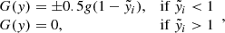 $$ \begin{aligned} \begin{array}{ll} G({ y}) =\pm 0.5 {g}(1-\tilde{{ y}}_i),&\mathrm{if} \ \tilde{{ y}}_i<1 \\ G({ y}) =0,&\mathrm{if} \ \tilde{{ y}}_i>1 \end{array} ,\end{aligned} $$