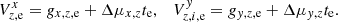 $$ \begin{aligned} V^x_{z,\mathrm{e}} = {g}_{x,z,\mathrm{e}} +\Delta \mu _{x,z} t_{\rm e}, \quad V^{ y}_{z,i,\mathrm{e}} = {g}_{{ y},z,\mathrm{e}} +\Delta \mu _{{ y},z} t_{\rm e}. \end{aligned} $$