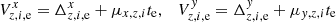 $$ \begin{aligned} V^x_{z,i,\mathrm{e}} = \Delta ^x_{z,i,\mathrm{e}} + \mu _{x,z,i} t_{\rm e}, \quad V^{ y}_{z,i,\mathrm{e}} = \Delta ^{ y}_{z,i,\mathrm{e}} + \mu _{{ y},z,i} t_{\rm e} \end{aligned} $$