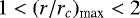 $1<(r/r_c)_{\text{max}}<2$