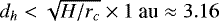 $d_h<\sqrt{H/r_c}\times {1\text{ au}}\approx3.16$