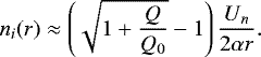 \begin{equation*} n_i(r)\approx\left(\sqrt{1&#x002B;\dfrac{Q}{Q_0}}-1\right)\dfrac{U_n}{2 \alpha r}. \end{equation*}