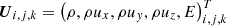 $ \boldsymbol{U}_{i,j,k}=\left(\rho,\rho u_{x},\rho u_{y},\rho u_{z},E\right)^{T}_{i,j,k} $