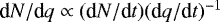 $\textrm{d}N/\textrm{d}q \propto (\textrm{d}N/\textrm{d}t) (\textrm{d}q/\textrm{d}t)^{-1}$