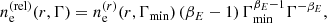 $$ \begin{aligned} n_{\rm e}^{(\mathrm{rel})}(r,\Gamma )=n_{\rm e}^{(r)}(r,\Gamma _\mathrm{min} )\left(\beta _E-1\right) \Gamma _{\mathrm{min} }^{\beta _E-1}\Gamma ^{-\beta _E}, \end{aligned} $$