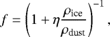 \begin{equation*} f = \left(1&#x002B;\eta\frac{\rho_{\textrm{ice}}}{\rho_{\textrm{dust}}}\right)^{-1}, \end{equation*}