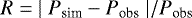 \begin{equation*} R = {\mid P_{\textrm{sim}}-P_{\textrm{obs}} \mid}/{P_{\textrm{obs}}} \end{equation*}