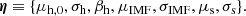 $$ \begin{aligned} \boldsymbol{\eta } \equiv \{\mu _{\rm h,0}, \sigma _{\rm h}, \beta _{\rm h}, \mu _{\mathrm{IMF} }, \sigma _{\mathrm{IMF} }, \mu _{\rm s}, \sigma _{\rm s}\}. \end{aligned} $$