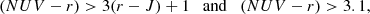 $$ \begin{aligned} (NUV - r) > 3(r - J) + 1\quad \mathrm{and} \quad (NUV - r) > 3.1, \end{aligned} $$