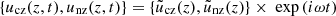 $ \{u_{\mathrm{cz}}(z,t), u_{\mathrm{nz}}(z,t) \} = \{ \tilde u_{\mathrm{cz}}(z), \tilde u_{\mathrm{nz}}(z) \} \times \text{ exp}\left( i \omega t \right ) $
