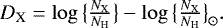 $ D_{\textrm{X}} = \log \big\{ \frac{N_{\textrm{X}}}{N_{\textrm{H}}} \big\} - \log \big\{ \frac{N_{\textrm{X}}}{N_{\textrm{H}}} \big\}_{\odot}. $