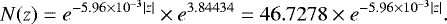 \begin{equation*}N(z) = e^{-5.96\times 10^{-3}{\lvert{z}\rvert}} \times e^{3.84434} = 46.7278 \times e^{-5.96\times 10^{-3}{\lvert{z}\rvert}}.\end{equation*}