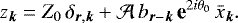 \begin{equation*} z_{\bm k} = Z_0 \, \delta_{{\bm r},{\bm k}} &#x002B; {\mathcal{A}} \, {{b}}_{{\bm r}-{\bm k}} \, \textbf{e}^{2 i \theta_0} \, {\bar{x}}_{\bm k}. \end{equation*}