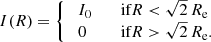 $$ \begin{aligned} I(R) = {\left\{ \begin{array}{ll} \;I_0&\quad {\text{if} }R < \sqrt{2}\,R_{\text{e}} \\ \;0&\quad {\text{if} }R>\sqrt{2}\,R_{\text{e}}. \end{array}\right.} \end{aligned} $$