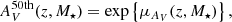 $$ \begin{aligned}&A_V^\mathrm{50th} (z,M_\star ) = \exp \left\{ \mu _{A_V}(z,M_\star ) \right\} , \end{aligned} $$