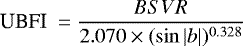 \begin{equation*} \textrm{UBFI }= \frac{BSVR} {2.070 \times (\sin |b|)^{0.328}}\end{equation*}